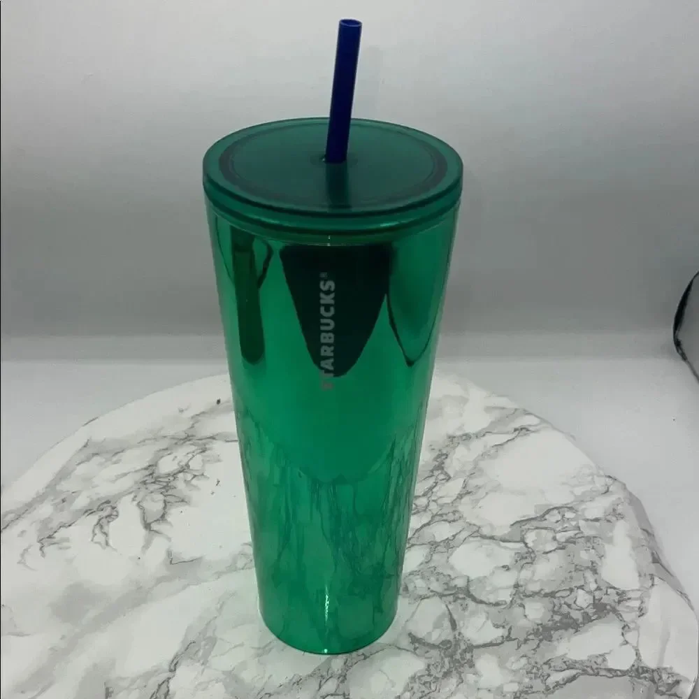 STARBUCKS Reflective Green 24 Oz Venti Cold Cup Tumbler with Lid and Straw